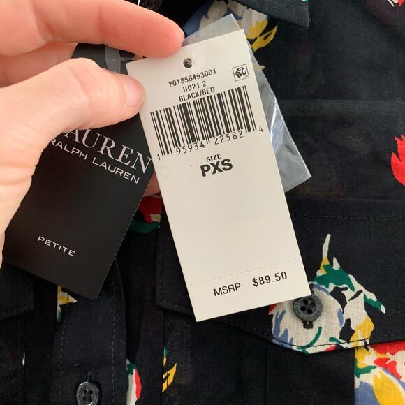 NWT Lauren Ralph Lauren Black Floral Cotton Voile Button Front Shirt - Picture 8 of 8